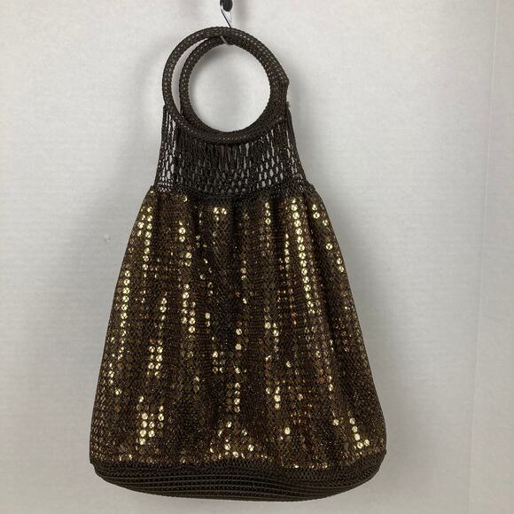 Gap Sequin Shoulder Bag Gold Brown Mesh Knit Circle Handles Retro Boho Y2K Bling - Picture 2 of 8